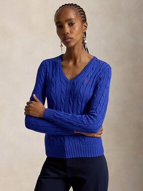 Ralph Lauren Women's V-Neck Cable Knit Sweater - Cobalt Blue